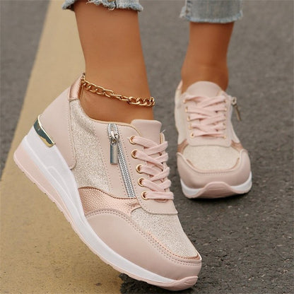 Fashion Thick Bottom Silver Sneakers Women 2025 Spring Wedge Heel Vulcanized Shoes Woman Comfortable Lace Up Sport Sneaker Mujer