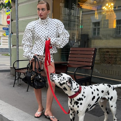 Polka Dot Stand Neck Short Jackets Women Fashion Long Sleeve Patchwork Contrast Slim Coats Casual Lady Street Commute Outerwear