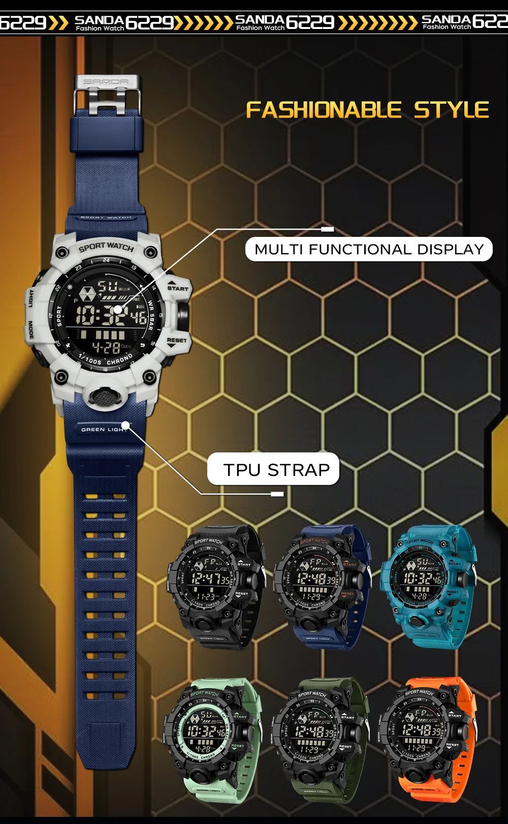 SANDA Men Outdoor Sports Watch Waterproof LED Analog Digital Show Multifunction Big Dial Electronic Wristwatch G style Male Cloc