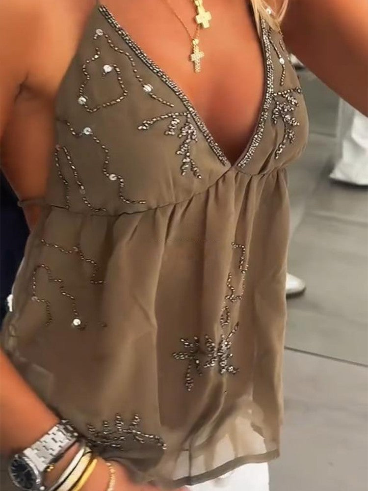 Sequins Bead Snowflake Midi Dress Women Fashion Sleeveless Backless Ruffle Pleat