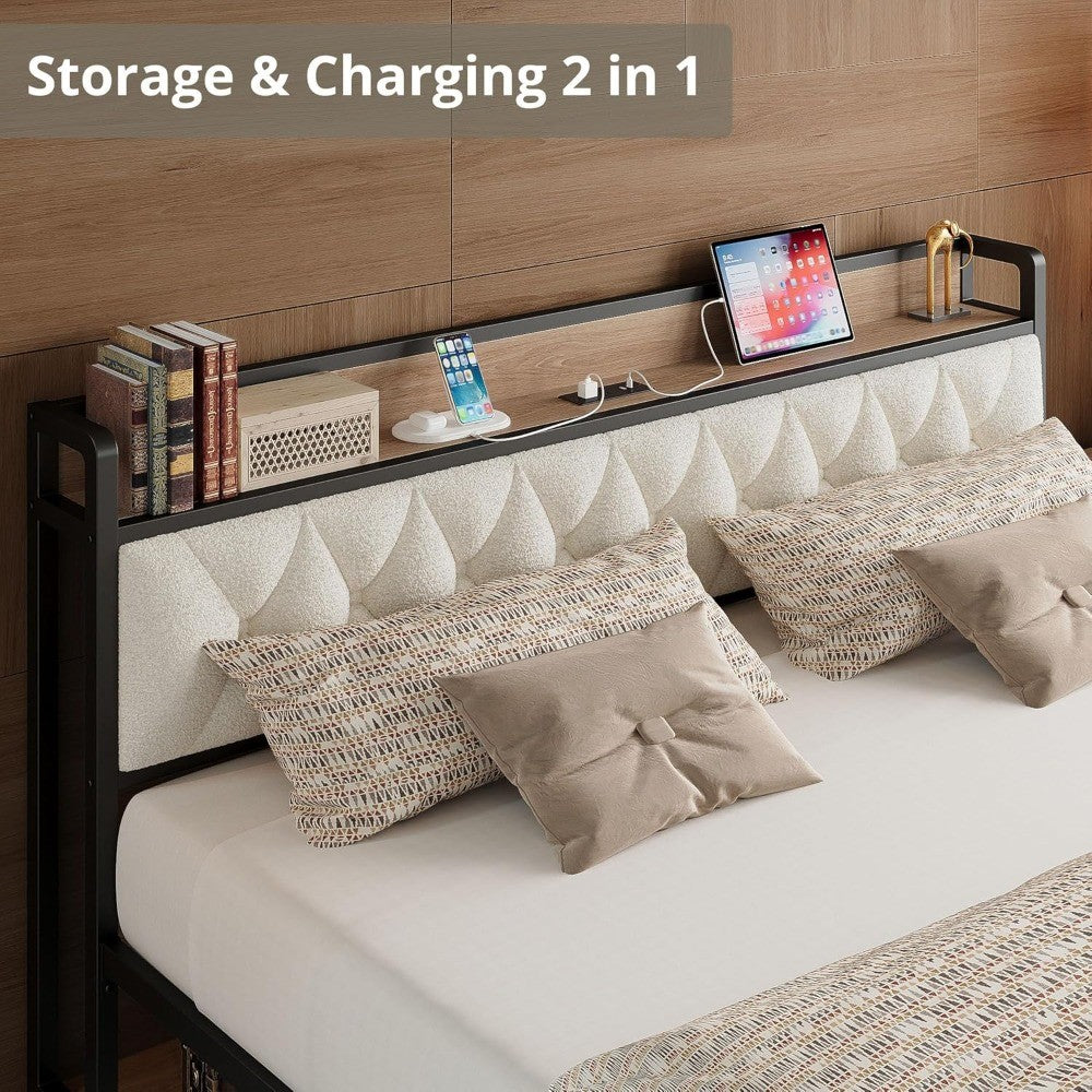 California King Bed Frame, Storage Headboard with Charging Station, Platform Bed Frame with Strong Metal Support, Sturdy
