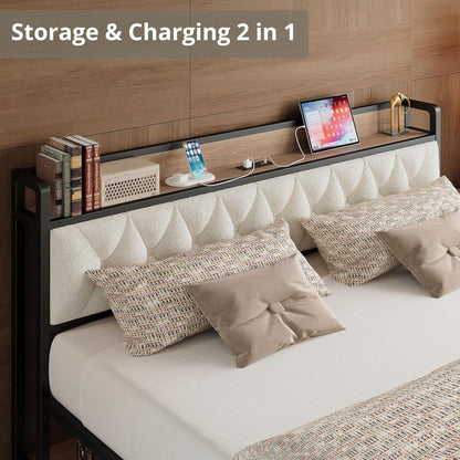 California King Bed Frame, Storage Headboard with Charging Station, Platform Bed Frame with Strong Metal Support, Sturdy