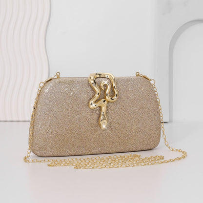 Women’s Luxury Glitter Snake Lock Clutch Elegant Evening Bag Shiny Envelope Bag Handbags Wedding Banquet Party Dress with Chain