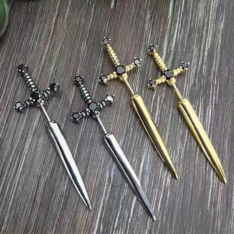 Brincos de pino de espada cruzada de Hip Hop para mulheres Clássico Pedra de cristal preta Ouro prata Boi Cor preta Personalidade Joias simples