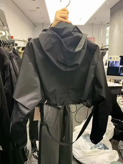 Fashion Short Hooded Jacket 2025 New Spring Black Loose Motorcycle Coats Female Street  Windbreak Short Basic Coat
