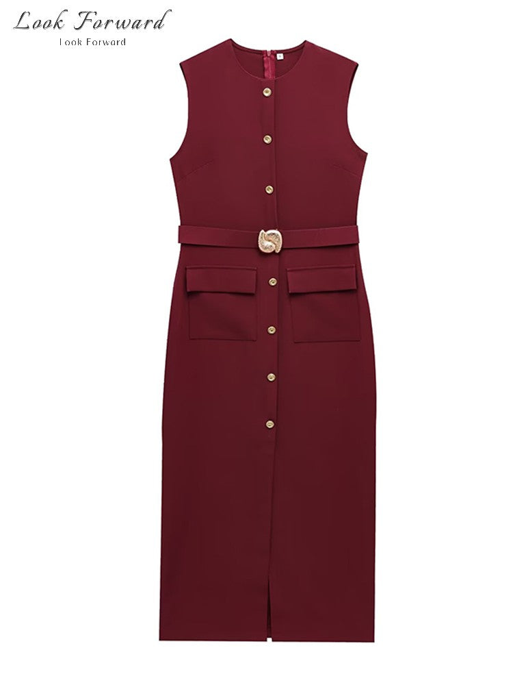 Elegant Midi Dress Woman O-neck Single Breasted Sleeveless Pocket Dresses Female