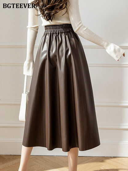 BGTEEVER Spring Autumn Loose PU Leather A-line Skirts Women Elegant High Waist Pleated Faux Leather Skirts Female
