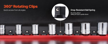SucceBuy Conjunto de Trilhos Organizadores Magnéticos de Soquetes, 3 Peças, Métrico e SAE, Suporte de Soquetes de Alumínio 3/8'' 1/2'' com Clipes de 360° para Caixa de Ferramentas