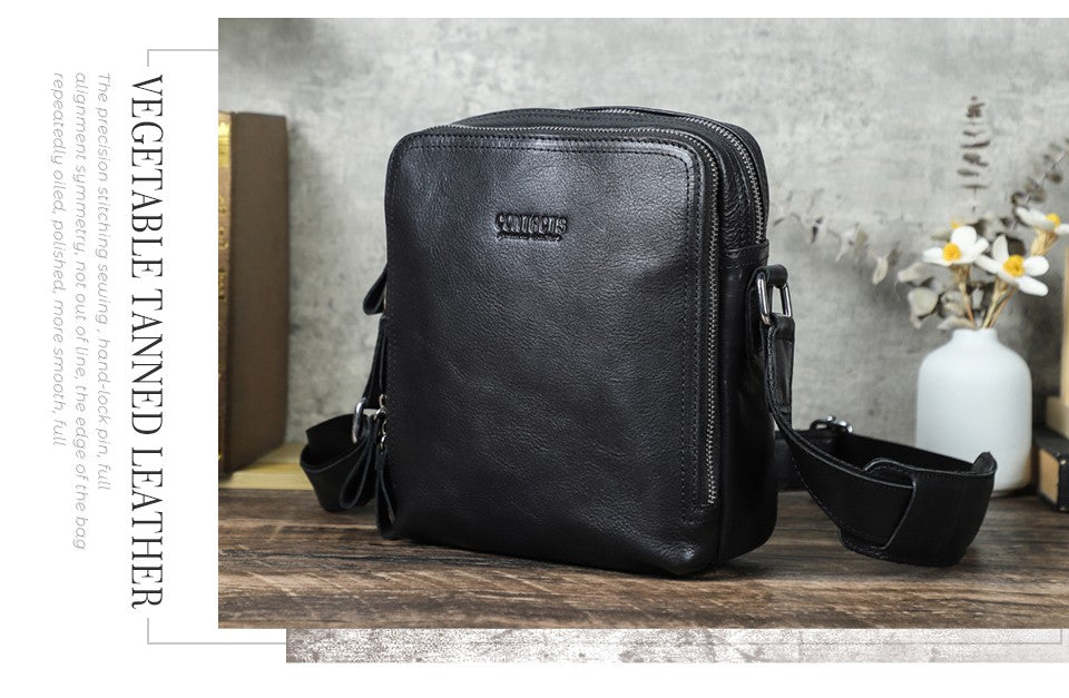 CONTACT'S Genuine Leather Men's Messenger Bag Vintage Sling Shoulder Bags for 7.9" iPad Mini High Quality Male Crossbody Bag Men