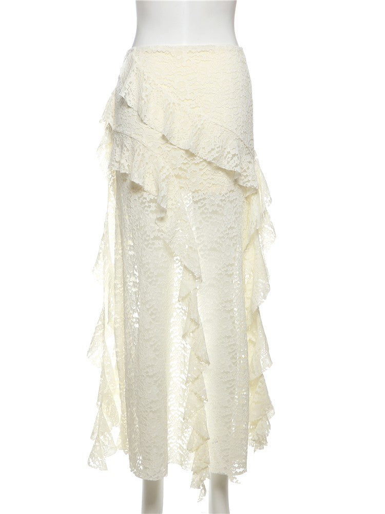 Nibber Tassels Women Skirts Irregular Hem Multi-Layered Ruffles Lace Patchwork S