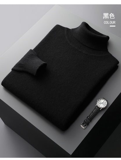 100%Merino Wool Lapel Sweater Men's Turtleneck Loose Knit Pullovers Youth Business Casual Joker Tops Warm Solid Color Base Shirt