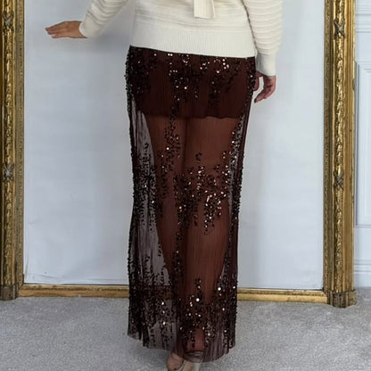 Fashionable Sequin Mesh Hollow Out Skirt Woman Sexy High Waist Slim Long Skirts New Spring Summer Lady Hips Skirt Harajuku Mujer