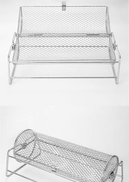 Stainless Steel Rolling BBQ Grill Mesh Basket Grill Rotisserie Basket roll Barbecue cage Roaster