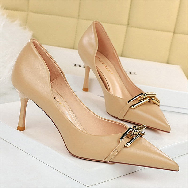 Women 7cm High Heels Pumps Lady Scarpins Fetish Nightclub Blue Nude Low Heels Wedding Party Metal Chain Buckle Fetish Prom Shoes