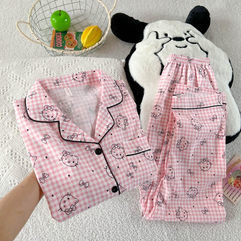 Hello Kitty Cute Kawaii Pajama Set for Women Autumn Soft Fabric Comfort Plaid Loungewear 2 Piece Long Sleeve Top Pants Sleepwear