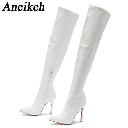 Aneikeh White Sexy Over-the-Knee Side Zipper Slip-On Pointed Toe Shoes NEW Fashion Striped Thin Heels Ladies Boots 2025 Spring