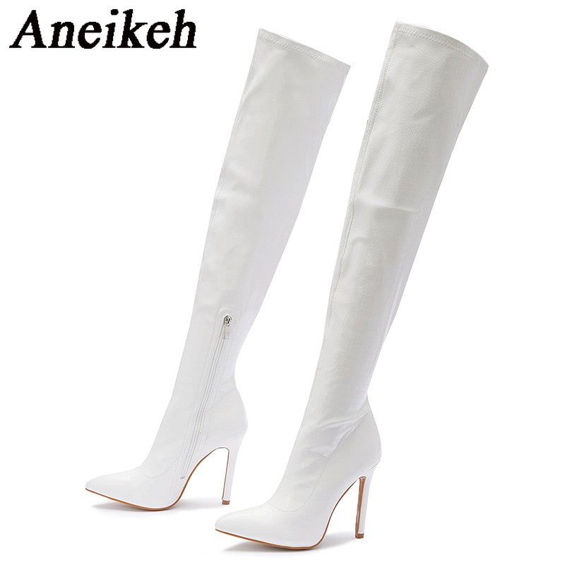 Aneikeh White Sexy Over-the-Knee Side Zipper Slip-On Pointed Toe Shoes NEW Fashion Striped Thin Heels Ladies Boots 2025 Spring