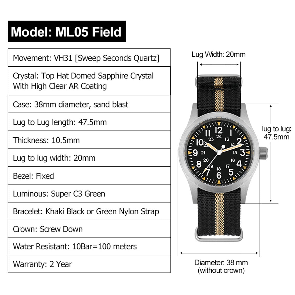 Militado Ml05 Vintage Field Watch VH31 Sweep Second Quartz Movement Sapphire Crystal High Clear AR Coating Luminous 38Mm Watches