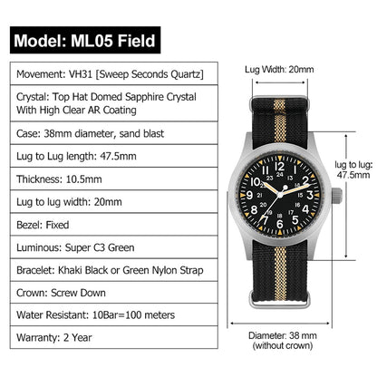 Militado Ml05 Vintage Field Watch VH31 Sweep Second Quartz Movement Sapphire Crystal High Clear AR Coating Luminous 38Mm Watches