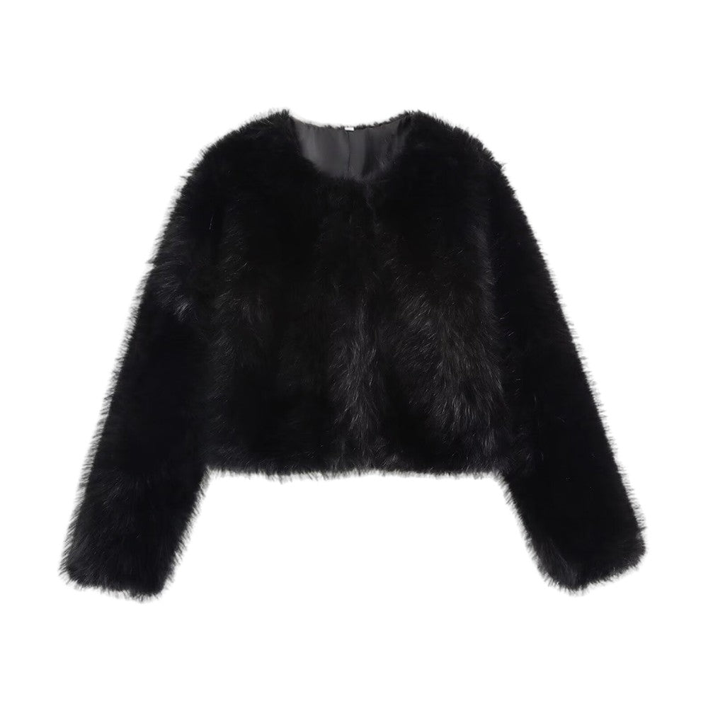 Women's Thick Warm Faux Fur Cropped Jacket, O Neck, Long Sleeve, Female Outerwear, Chic Tops, Fashion