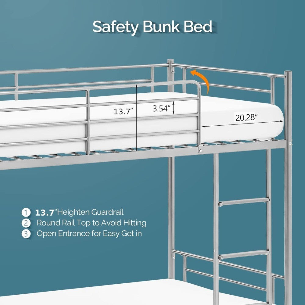 Metal Bunk Bed Twin Over Twin, Heavy Duty Bunk Bed with Flat Steps for Kids, Teens & Adults, Gray