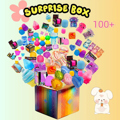 100+Pcs Assorted Squishy Figures Blind Box Surprise Toys, Slow Rebound Stress Relief Fidget Toy Set Featuring Giant Yellow Gorilla, Moai Head, Panda, Rabbit, Duck, Jellyfish and Axolotl, Novelty Sensory Play Toy, Kids Birthday & Party Favor Gifts