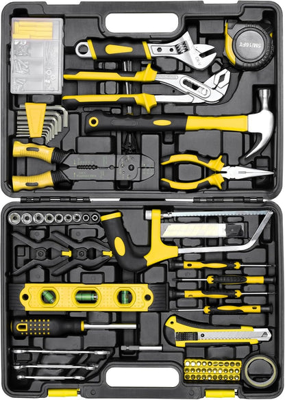 Caixa de Ferramentas Profissional com 218 Peças, Jogo de Ferramentas Mecânico com Chave de Fenda, Soquetes Hexagonais, Martelo, Alicates, para Bricolagem Doméstica, Carros, Amarelo