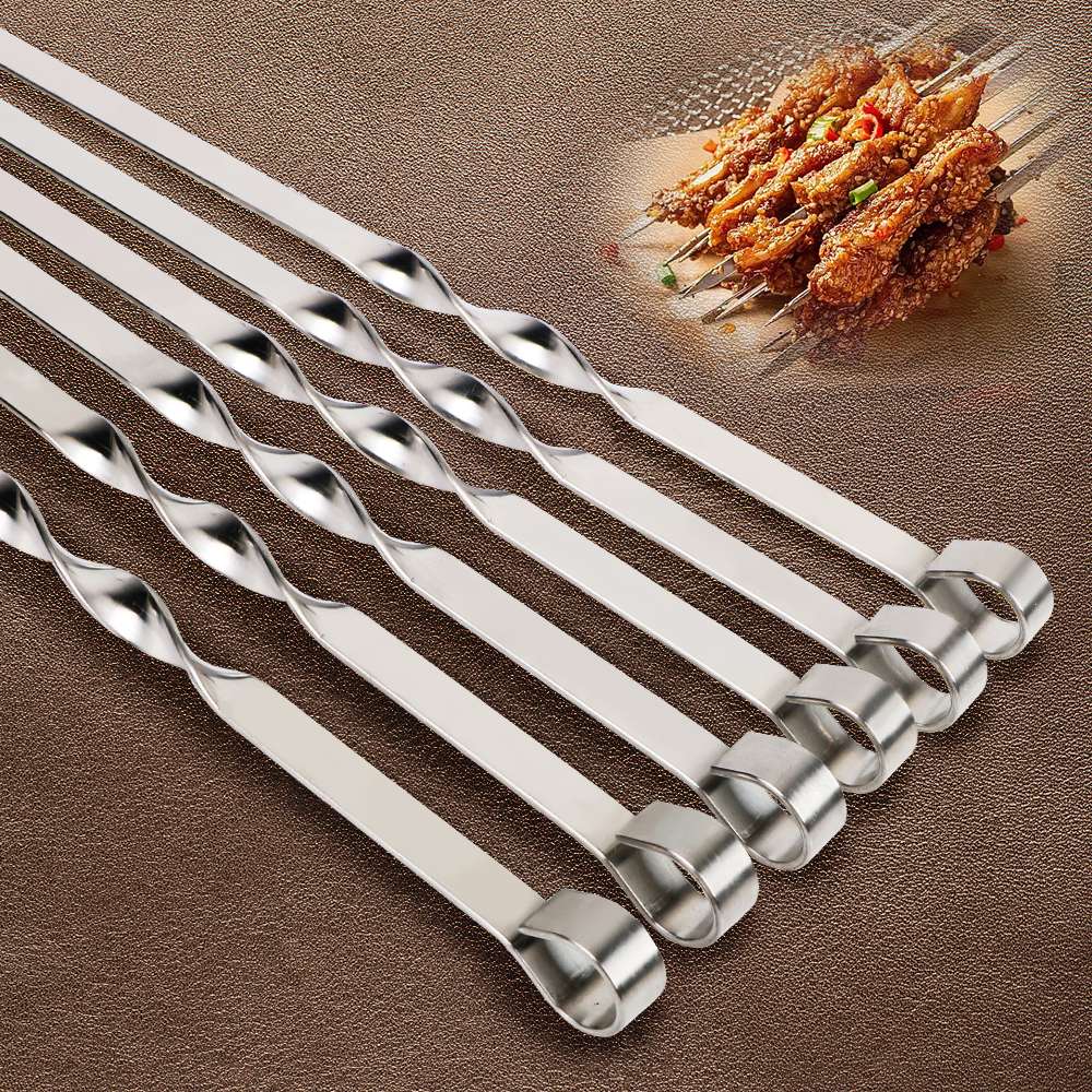 Outdoor Camping Picnic Stainless Steel Barbecue Skewer BBQ Utensil Flat BBQ Fork 6Pcs Wide BBQ Sticks Barbecue Supplies