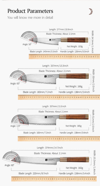 XINZUO 4PCS Kitchen Knives Set Japanese ZDP-189 Composite Steel 65-67 HRC Chef Knife Bread Nakiri Santoku Utility Cooking Tools
