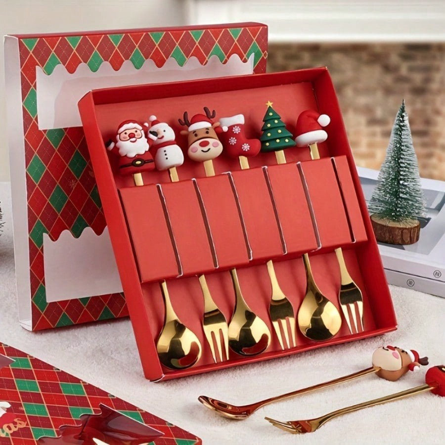 Christmas Cutlery Set Elk Dessert Scoop Fruit Fork Coffee Spoon Stainless Steel Dessert Fork 4/6PCS Christmas Spoons Fork Set