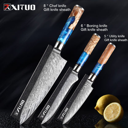 XITUO Kitchen Knives Set Damascus Steel VG10 Chef Knife Cleaver Paring Bread Knife Blue Resin Stabilised Wood Handle 1-7PCS set