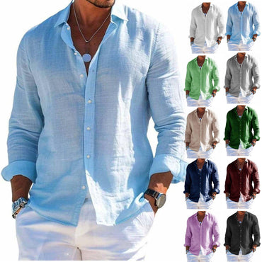 Men's tops long sleeve new style shirt cotton linen cool solid color loose lapel casual beach style cardigan spring and summer