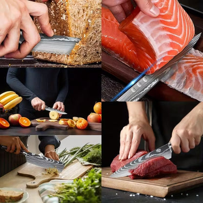 MDHAND Conjunto de Facas de Chef com Padrão de Damasco a Laser de 1 a 10 peças, Fatiador de Carne em Aço Inoxidável, Cutelo com Cabo de Madeira Antiderrapante, Coleção