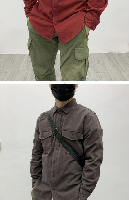 May Khaki heavy cargo double-pocket shirt men's cotton wash wool long-sleeved Japanese vintage loose coat