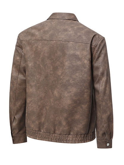 Plus Size Men's Casual Loose Fit Turndown Collar Motorcycle PU Leather Jacket, Suitable For Autumn, Zipper Front