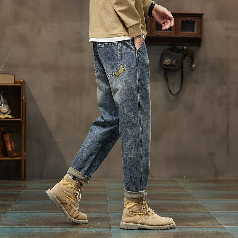 Autumn and Winter Men's Loose 95% Cotton Jeans Retro Yellow Mud  Street Hip-hop Baggy Harem Pants Outdoor Boys Workwear Pants