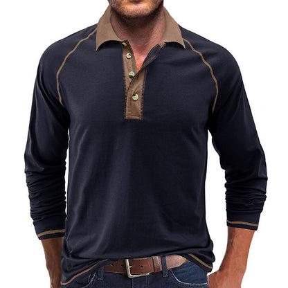 American Men's Autumn Long Sleeve Lapel Henley T-shirt POLO Basic Shirt  Mens Tops