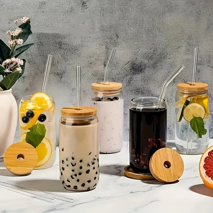 6 Copos de Vidro de 550ml com Tampa de Bambu e Canudo de Vidro - Copos para Cerveja, Café Gelado, Copos Estéticos Fofos Ótima