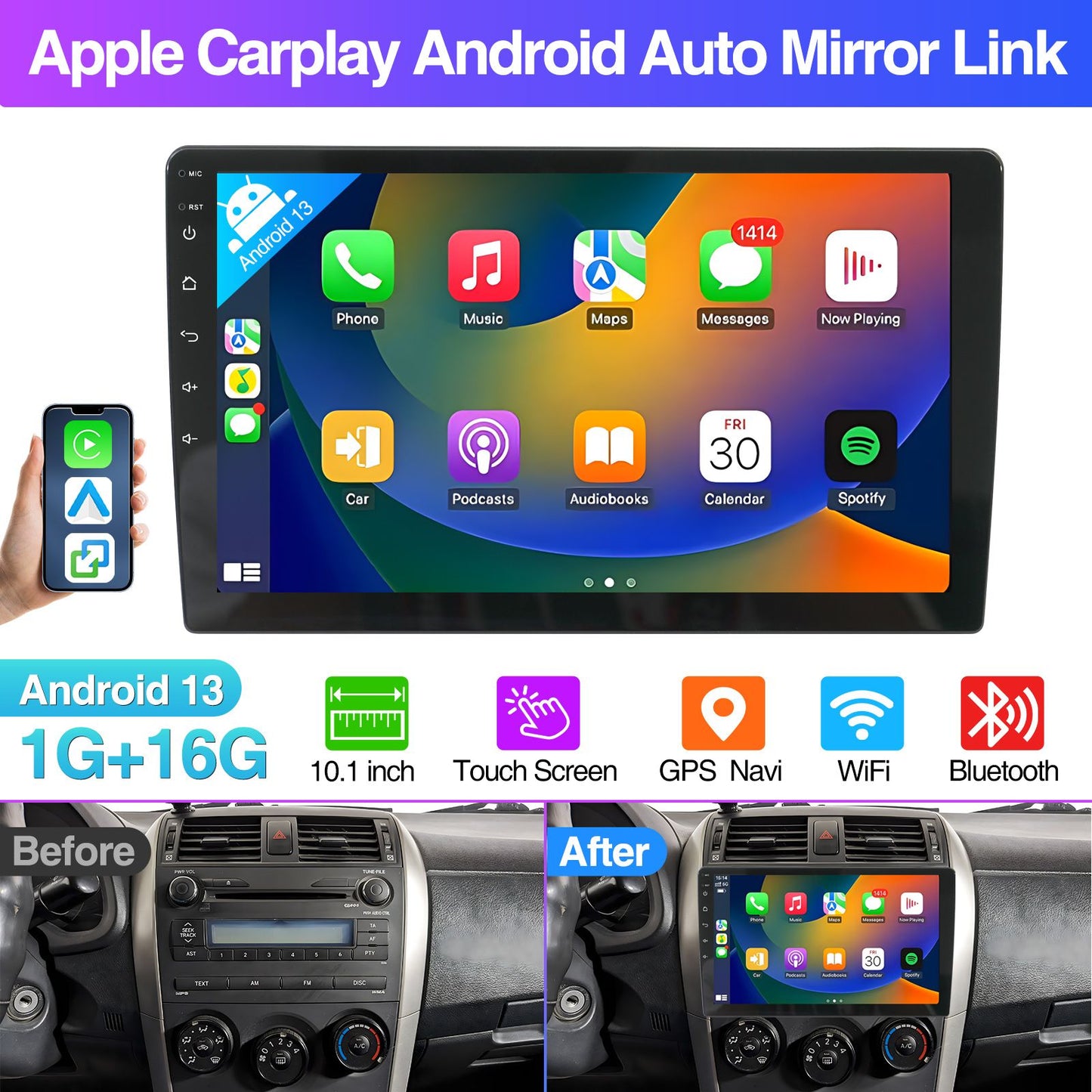 Central Multimídia Automotiva Android 13 de 10,1 polegadas com Tela Dupla 2 DIN, Bluetooth, GPS, Wifi, Reprodutor MP5, 1+16GB com CARPLAY Automático e CarPlay Sem Fio