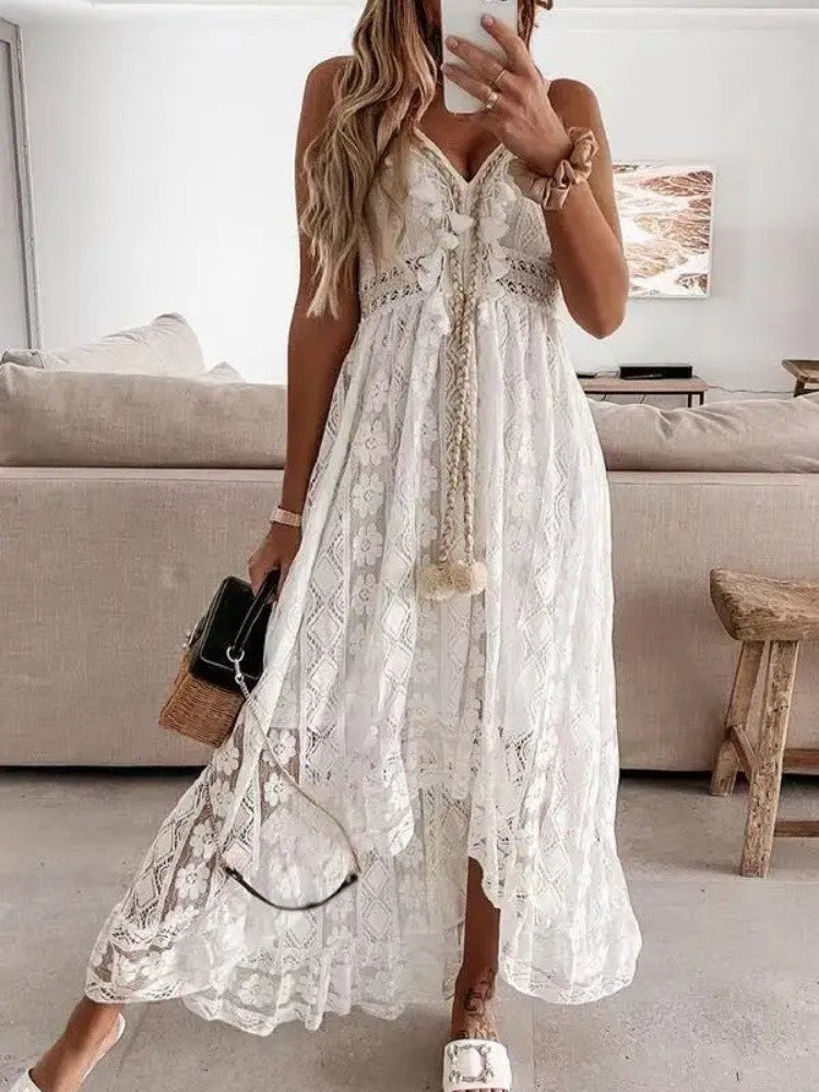 2024 Summer Lace Sleeveless Women Dress V Neck Hollow Out Elegant Loose Dresses