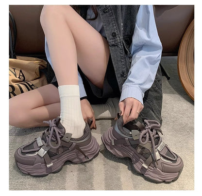 Women's Chunky Sneakers  Breathable Mesh Platform Sports Shoes Woman Fashion Lace Up Thick Sole Casual Shoes Mujer