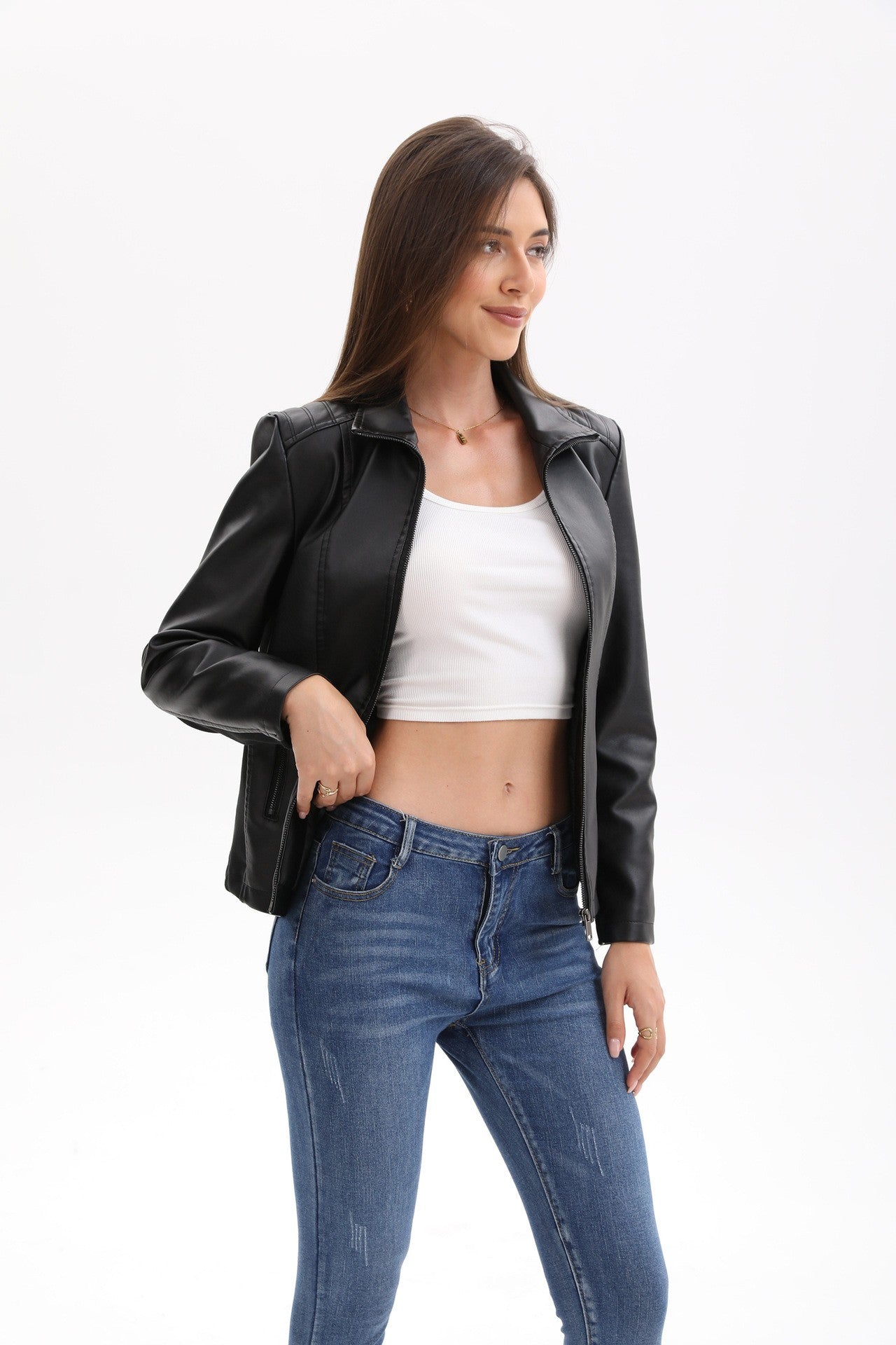 2025 Women’s Stylish Brown Faux Leather Jacket - Slim Fit, Trendy Moto Style with Zipper Detail PU Coat.