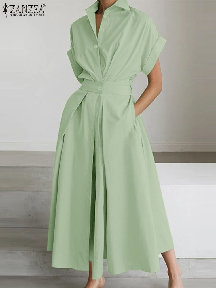ZANZEA Women Fashion Summer Shirt Dress 2025 Elegant High Waist Short Sleeve Mid