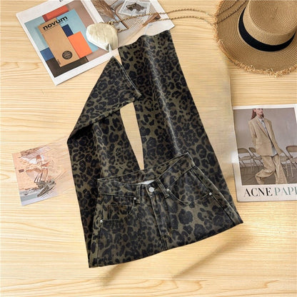 Casual Loose Womens Jeans Retro American Style Leopard Print Design Straight Leg Pants Workwear Fashion Winter  Women's pants