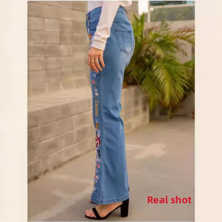 Slimming Women's Denim Jeans Embroidered Washed Bell Bottoms Mid Waist Jeans Chinese Manufacturer Wholesale Retail