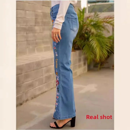 Slimming Women's Denim Jeans Embroidered Washed Bell Bottoms Mid Waist Jeans Chinese Manufacturer Wholesale Retail