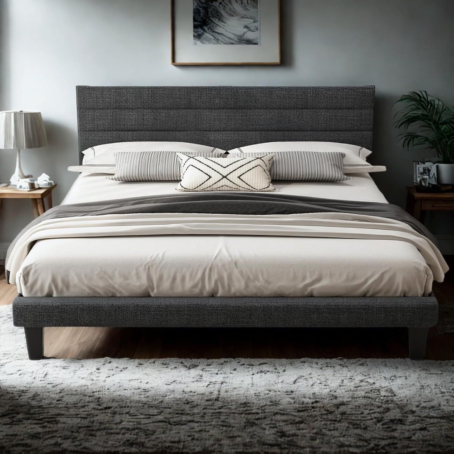 King Size Bed Frame and Headboard,Panel Soft Bed with Linen Fabric Upholstered Padding, Low Profile Bed with Durable Woo