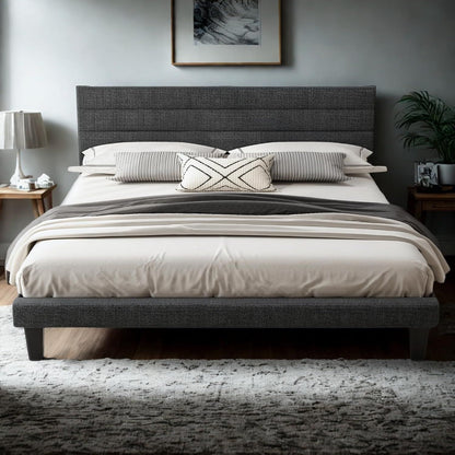King Size Bed Frame and Headboard,Panel Soft Bed with Linen Fabric Upholstered Padding, Low Profile Bed with Durable Woo