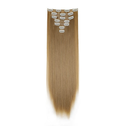 Extensão de cabelo liso longo sintético de 24 polegadas 7pçs/conjunto 16 clipes Penteado Preto Loiro Peruca para mulheres 2026