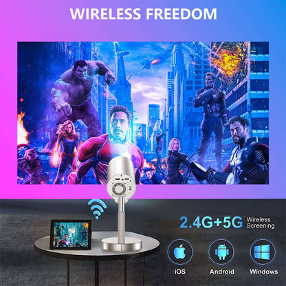 Mini Projetor Portátil Android  Suporte 1080p 4K  Suporte Integrado com Ajuste de 90° Ajuste de Altura WiFi e Bluetooth Modelo: TS3
